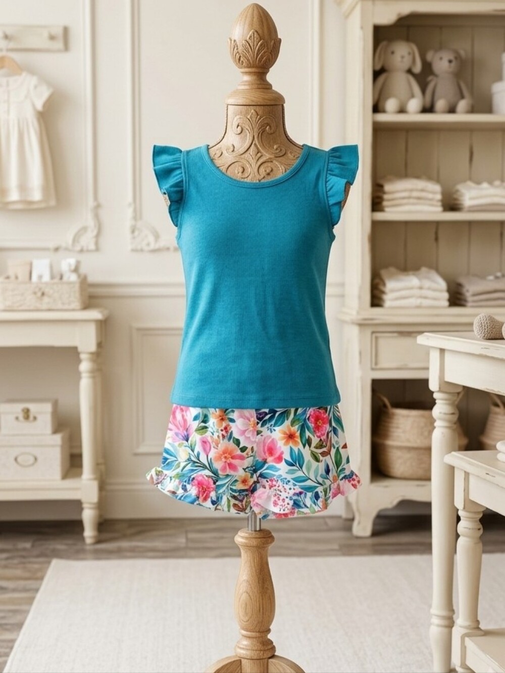 Millie Loves Lily Teal Ribbed Ruffle Cap Sleeve Top & Bright Floral Shorts Set